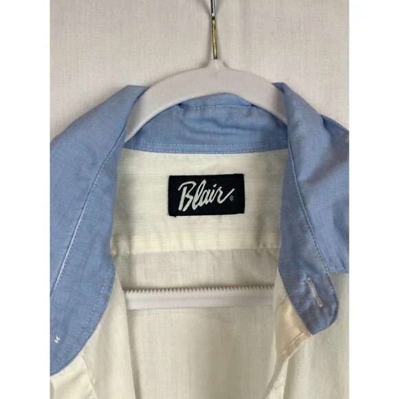 Vintage Blair Shirt Mens Button Up SS Shoulder Tabs White Blue Pockets (Stained) - Picture 8 of 11